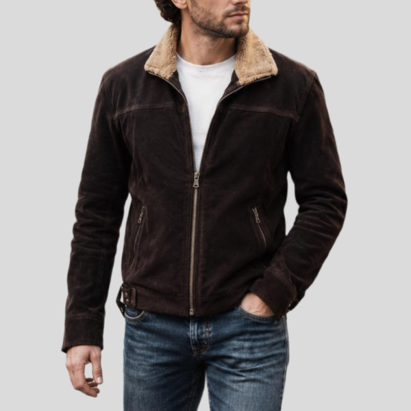 Men's Brown Sheepskin Suede Bomber Jacket with Sherpa Collar