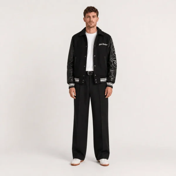 Men’s Black Wool Bomber Jacket With Patch