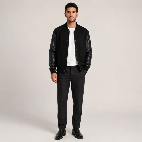 Men’s Bomber Jacket In Dark Blue Wool With Leather Sleeves