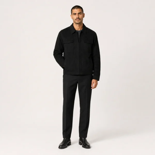 Men’s Short Padded Jacket In Black Cotton With Leather Collar